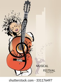 Abstract musical background with a girl in the headphones, musicians, treble clef, notes. Guitar, saxophone, violin. 