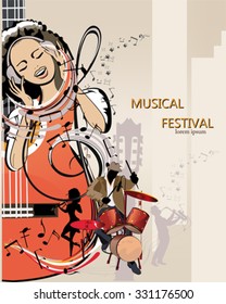 Abstract musical background with a girl in the headphones, musicians, treble clef, notes. Guitar, saxophone, violin. 