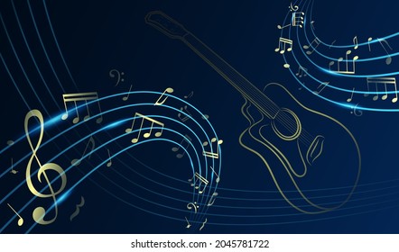 Abstract musical background. Gold music notes and treble clef on line wave of sound tune. Flowing shiny musical waves with notes and silhouette guitar. Design elements for template of music festival.