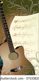 abstract musical background with guitar and notepaper