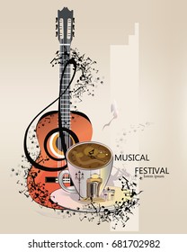 Abstract musical background with a guitar and treble clef, notes and a cup of coffee.