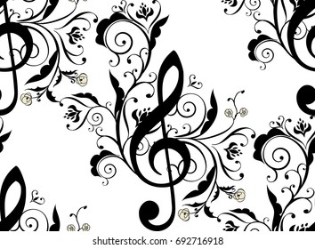 Abstract musical background with music notes and floral.
