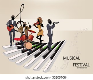 Abstract musical background with musicians, treble clef, notes. Guitar, trumpet, violin.