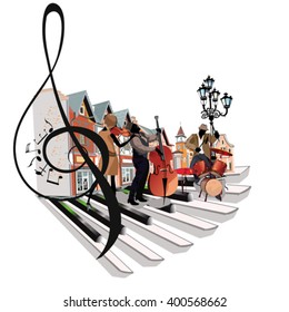 Abstract musical background with musicians, treble clef, notes.  Hand drawn Vector Illustration.