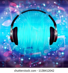 Abstract musical background with  notes and headphones. Vector illustration. 