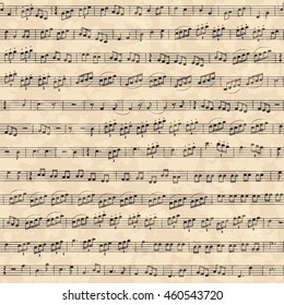 Abstract musical background on old paper. Chaotic collection of musical symbols, decorated according to the rules of musical notation. Physical diapason is not determined.