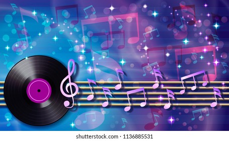 Abstract musical background with random notes on the musical staff and retro vinyl record. Vector illustration. 