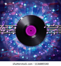 Abstract musical background with random notes on the musical staff and retro vinyl record. Vector illustration. 