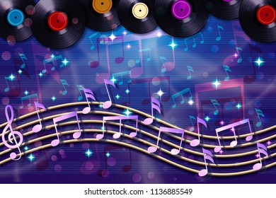 Abstract musical background with random notes on the musical staff and retro vinyl records. Vector illustration. 