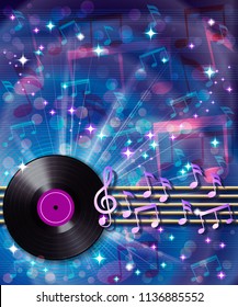 Abstract musical background with random notes on the musical staff and retro vinyl record. Vector illustration. 