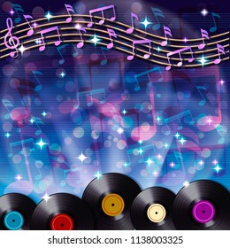 Abstract musical background with random notes on the musical staff and retro vinyl record. Vector illustration. 