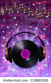 Abstract musical background with random notes on the musical staff, headphones and retro vinyl record. Vector illustration. 