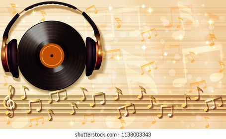 Abstract musical background with random notes on the musical staff, headphones and retro vinyl record. Vector illustration. 