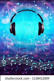 Abstract musical background with random notes on the musical staff and headphones. Vector illustration. 