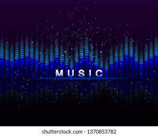 Abstract musical background. Sound equaliser. Abstract graphic illustration of a music equalizer and flying luminous particles on a dark background. Banner with big free space for your advertisement