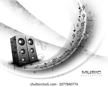 Abstract Musical Background With Sound Speaker And Music Notes In Black And White Color.