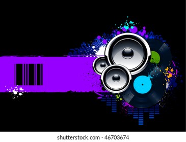 Abstract musical background with vinyl discs and speakers. Vector illustration.