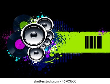 Abstract musical background with vinyl discs and speakers. Vector illustration.