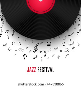 Abstract musical background with vinyl record album lp disc, black notes isolated on white backdrop. Vector illustration for music flyer poster brochure. Old long play disco plate. Rock sound concept.