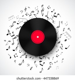 Abstract musical background with vinyl record album lp disc, black notes isolated on white backdrop. Vector illustration for music flyer poster brochure. Old long play disco plate. Rock sound concept.