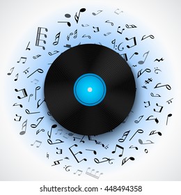 Abstract musical background with vinyl record album lp disc, black notes isolated on white backdrop. Vector illustration for music flyer poster brochure. 