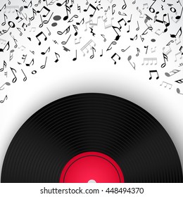 Abstract musical background with vinyl record album, black notes isolated on white backdrop. Vector illustration for music flyer poster brochure. 