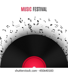 Abstract musical background with vinyl record album lp disc, black notes isolated on white backdrop. Vector illustration for music flyer poster brochure. Old long play disco plate. Rock sound concept.