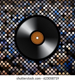 Abstract musical background with vinyl record disk. Vector illustration for music flyer, poster, brochure. Template in disco style. Rock sound concept.