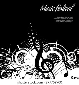 abstract musical composition on black background with space for text, vector illustration