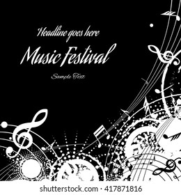 abstract musical composition on black background with space for text, vector illustration