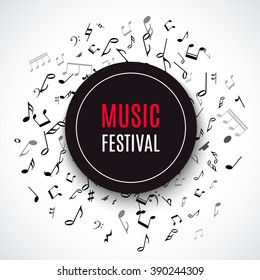 Abstract musical concert flyer with black notes. Vector illustration for disco design. Music concert concept. Melody frame decoration. Tune border template. Music festival brochure, flyer, poster.