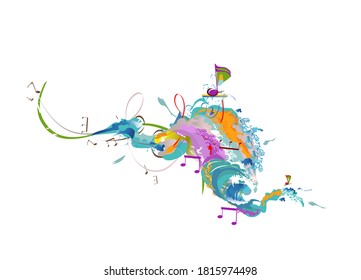 Abstract musical design with colorful splashes and musical waves. Hand drawn vector illustration.