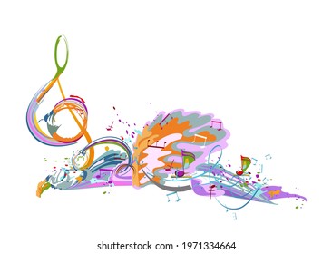 Abstract musical design with colorful splashes and musical waves, notes. Hand drawn vector illustration. 