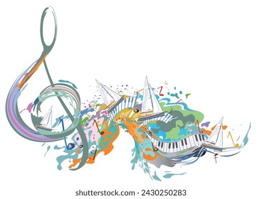 Abstract musical design with a colourful treble clef and musical waves, notes and splashes. Hand drawn vector illustration for t shirts, covers,  wallpaper, greeting cards, wall-art, invitations.