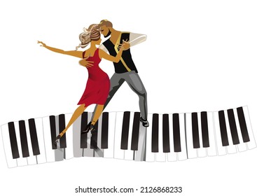 Abstract musical design with dancers, treble clef and musical waves, piano notes. Hand drawn vector illustration.