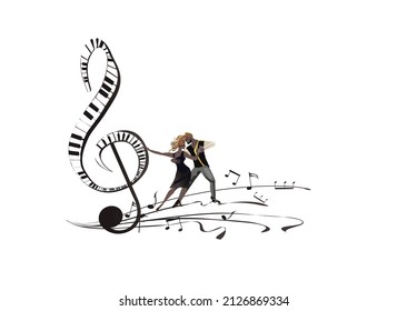 Abstract musical design with dancers, treble clef and musical waves, piano notes. Hand drawn vector illustration.