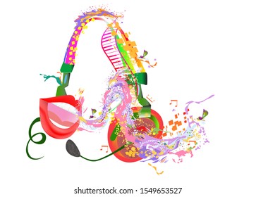 Abstract musical design with headphones and colorful splashes and waves. Hand drawn vector illustration.