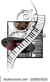 Abstract musical design with piano and a coffee cup