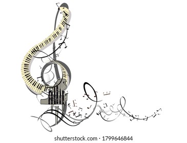 Abstract musical design with a piano and a treble  clef, musical waves. Vector illustration.Hand drawn vector illustration.