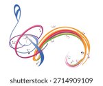 Abstract musical design with a treble clef and colorful splashes, notes and waves.  Colorful treble clef. Hand drawn vector illustration.
