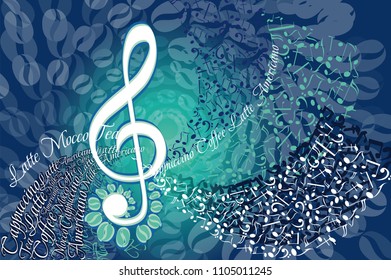 Abstract musical design with a treble clef and coffee beans. Hand drawn vector illustration.