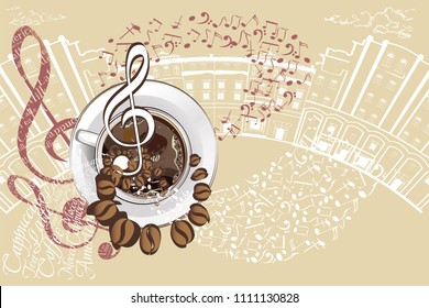 Abstract musical design with a treble clef and coffee beans. Hand drawn vector illustration.