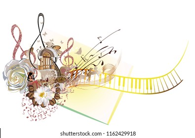 Abstract musical design with a treble clef, coffee beans and cafe entrance. Hand drawn vector illustration.