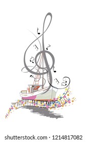 Abstract musical design with a treble clef and musical waves. Hand drawn vector illustration.