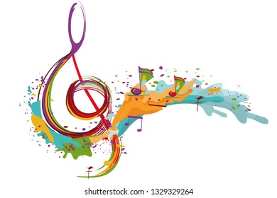 Abstract musical design with a treble clef and colorful splashes and waves. Hand drawn vector illustration.