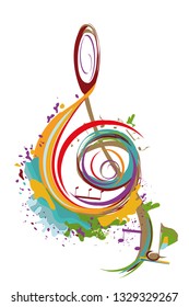 Abstract musical design with a treble clef and colorful splashes and waves. Hand drawn vector illustration.