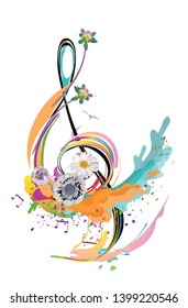 Abstract musical design with a treble clef and sights. Colorful splashes and waves. Hand drawn vector illustration.