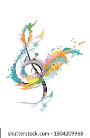 Abstract musical design with a treble clef and colorful splashes and waves. Hand drawn vector illustration.