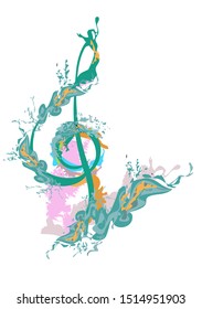 Abstract musical design with a treble clef and musical waves. Hand drawn vector illustration.