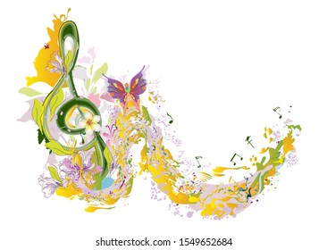 Abstract musical design with a treble clef and colorful splashes and waves. Hand drawn vector illustration.